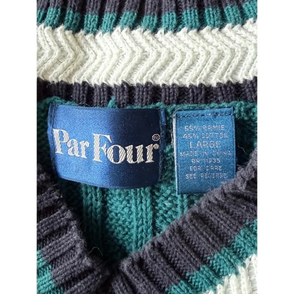 VTG‎ Par Four Cable Knit Cricket Sweater Vest Teal Trim Ramie Cotton